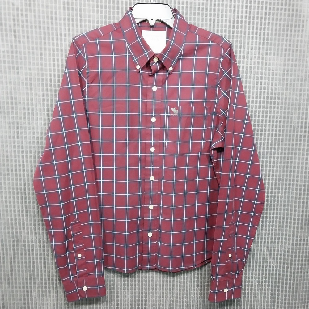 Abercrombie &‎ Fitch Mens Shirt Muscle Fit Plaid Button Down L Burgundy